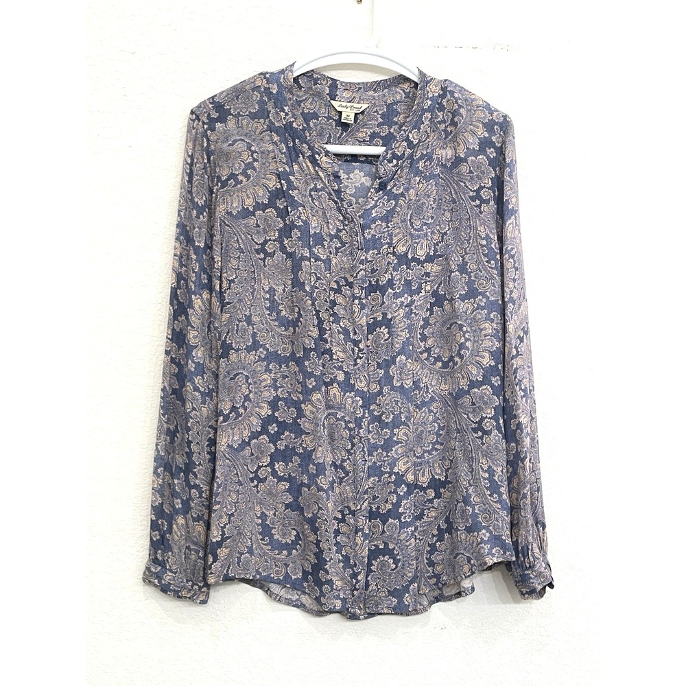 Lucky Brand Top Women's Medium Blue Paisley Sheer Boho Print Peasant‎ Shirt